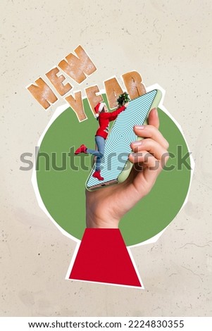 Vertical creative collage image of arm holding device gadget touchscreen little woman new year decoration copyspace banner shopping advert