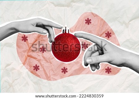 Creative drawing collage picture of arms touching new year christmas tree ball toy decoration adorn snowflakes drawing painting picture