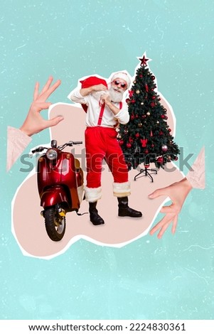 Composite collage picture image of santa claus cool sunglass carry deliver bag sack scooter new year christmas tree hands moped presents