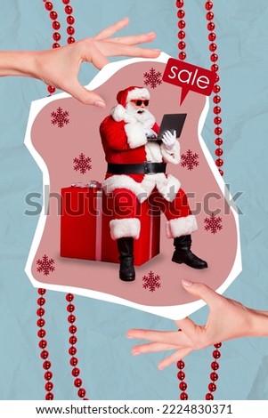 Vertical creative collage image of big arms funny santa claus impressed costume holding netbook online order huge sales shopping presents