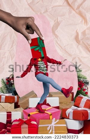 Creative photo 3d collage artwork poster postcard of cool girl dancing many gifts human arm close head isolated on painting background