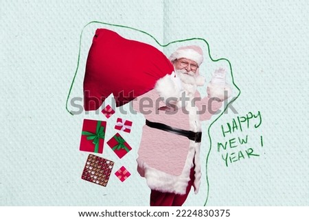 Creative photo 3d collage artwork poster postcard of funny funky santa claus carry bag full of gifts isolated on painting background