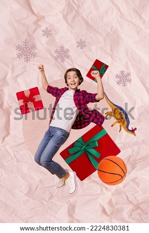 Creative poster collage of energetic little boy jumping have fun christmas presents gifts boxes ribbons bows toys receive giftbox shopping
