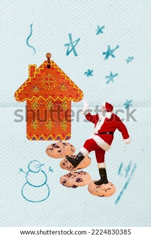 Creative photo 3d collage artwork poster postcard of old grandfather fairy character walking xmas eve isolated on painting background