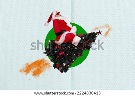 Creative photo 3d collage artwork poster postcard of santa claus personage sit drive xmas tree fly concert isolated on painting background