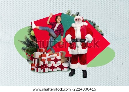 Creative abstract template collage of funny cool santa claus sunglass little boy energetic happy christmas presents gifts new year tree