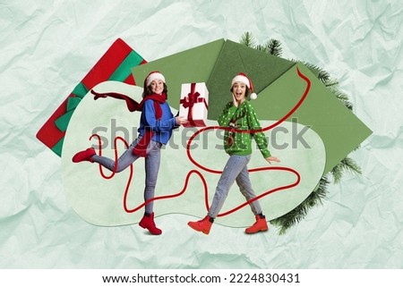 Creative photo 3d collage artwork poster postcard picture of two young girls get present rejoice holiday isolated on painting background