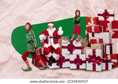 Composite collage image of santa claus sitting stack presents gifts box wave hand elfs helpers workshop deliver ribbons bows banner