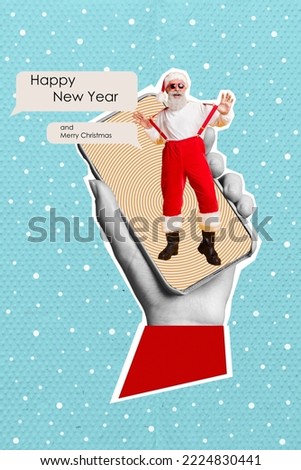 Composite collage image of arm holding device telephone touchscreen sale shopping santa claus suspenders happy new year sunglass cool