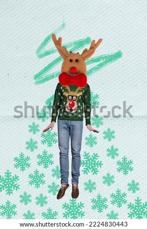 Creative photo 3d collage artwork poster postcard of weird person dressed ugly sweater deer toy head isolated on painting background