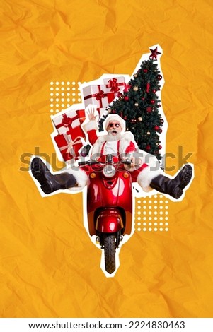 3d retro abstract creative artwork template collage of funny funky santa claus driving fast hurry deliver present gift new year tree