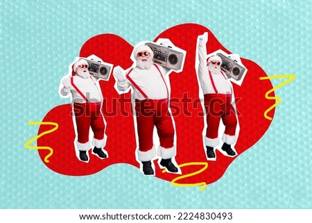 Creative poster collage of energetic funny funky three santa clauses costume suspenders dancing boombox tape recorder dj party discotheque