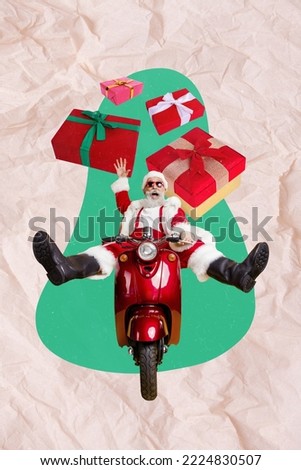 Creative photo 3d collage artwork poster postcard of grandfather courier delivering gift holiday event isolated on painting background