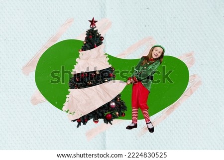Creative photo 3d collage artwork poster postcard of positive person fairy character unpacking tree isolated on painting background