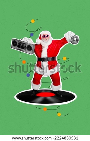Vertical collage image of excited overjoyed santa grandfather stand big vinyl record hands hold boombox disco ball isolated on green background