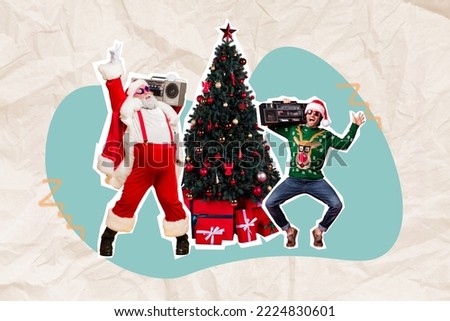 Creative abstract template collage of funny funky sants claus man dancing energetic boom box vintage retro party new year christmas tree