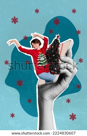 Composite collage image of arm hold device gadget beautiful young woman new year tree sweater christmas snowflakes pop artwork abstract