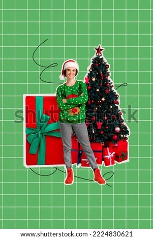 Vertical collage picture of cheerful mini girl crossed arms big giftbox decorated xmas tree isolated on green checkered background