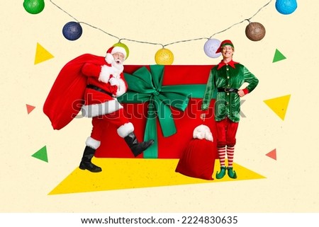 Creative collage image of excited funny mini santa claus elf guy hold presents sack big giftbox isolated on newyear festive background