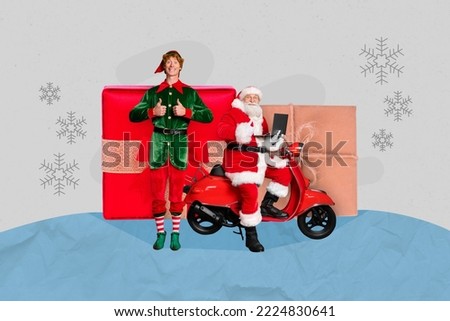 Collage picture of miniature elf guy show thumb up santa sit moped use netbook big x-mas noel box package isolated on painted background