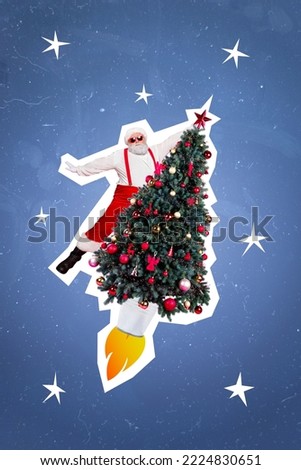 Vertical collage image of funky santa claus flying decorated newyear tree rocket isolated on drawing night stars space background