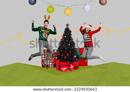 Creative collage picture of two excited overjoyed people jump raise fists newyear tree presents decor isolated on festive background