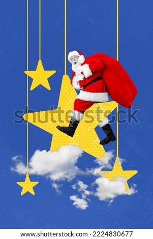 Creative photo 3d collage artwork poster postcard picture of santa claus carry bags full gifts night sky isolated on painting background