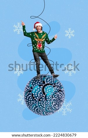 Vertical collage image of excited mini guy stand big bauble ball tree toy dancing point fingers isolated on drawing snowflakes background