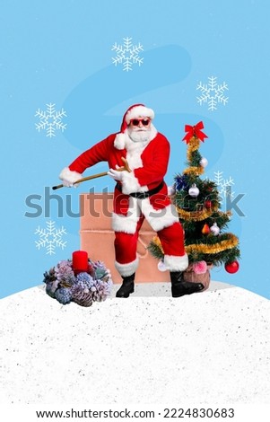 Vertical collage of funky excited granddad santa hold stick dancing decorated newyear tree isolated on drawing snowflakes background