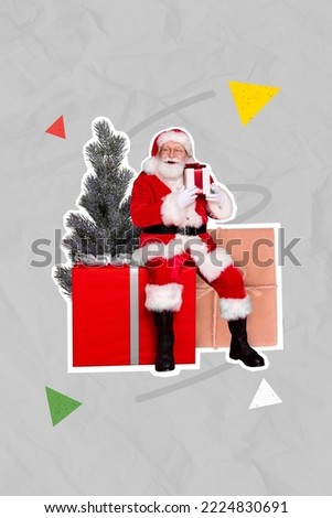 Vertical collage picture of santa claus sitting huge giftbox newyear tree isolated on painted background