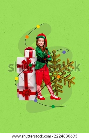Vertical collage image of funky positive little girl folded hands pile stack giftbox big snowflake isolated on festive background