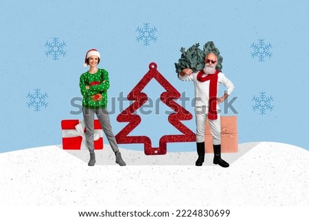Composite collage image of grandfather hold xmas tree girl crossed hands isolated on painted snowflakes background