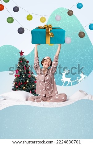 Vertical collage image of excited girl sleepwear hands hold big giftbox isolated on creative christmastime background