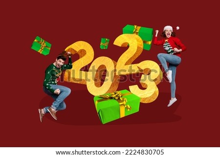 Creative photo 3d collage artwork poster postcard of two happy young person enjoy holiday 2023 new year isolated on painting background