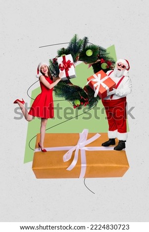 Vertical collage image of funky aged santa assistant girl stand big present hold giftbox xmas wreath decor isolated on creative background