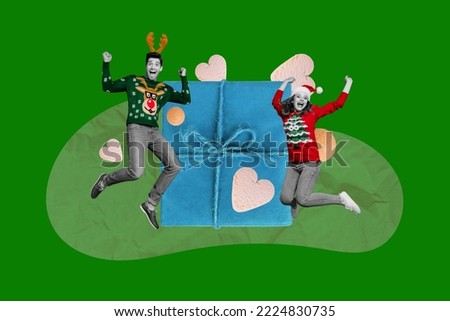 Creative photo 3d collage artwork poster postcard of two person girlfriend boyfriend rejoice holiday isolated on painting background