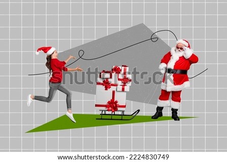 Composite collage image of excited running girl aged santa claus hold pile stack giftbox sledge isolated on creative checkered background
