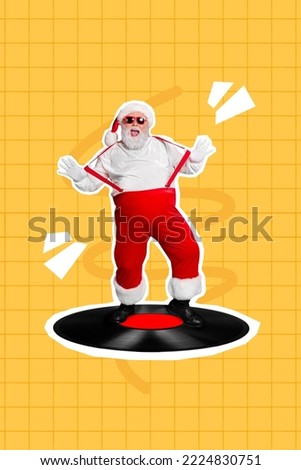 Vertical collage picture of overjoyed excited santa dancing big vinyl record hands pull suspenders isolated on yellow checkered background