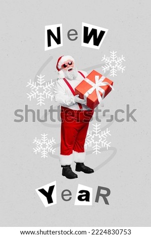 Vertical collage image of positive funky santa claus hands hold giftbox new year festive event painted poster