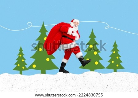 Creative collage picture of funky grandfather santa claus walking hold carry big presents sack isolated on drawing snowy forest background