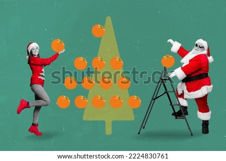 Collage illustration of excited funky santa girl helper hold hanging pumpkin toys newyear tree isolated on drawing background