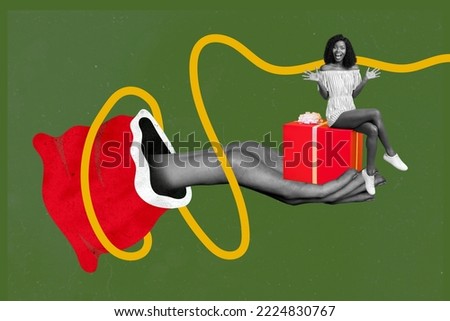 Creative photo 3d collage artwork poster postcard of funny funky miniature girl sit big human hand box isolated on painting background