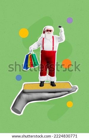 Vertical collage picture of arm hold cellphone display mini santa shopping bags debit card x-mas proposition isolated on creative background