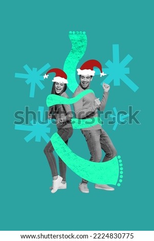 Creative photo 3d collage artwork poster postcard card of two person enjoy weekend new year disco party isolated on painting background