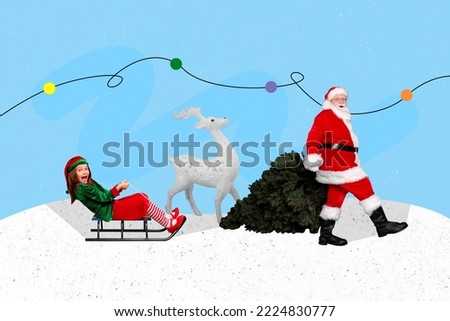 Collage picture of aged santa walk hold newyear tree excited carefree little elf girl ride sledge isolated on festive background