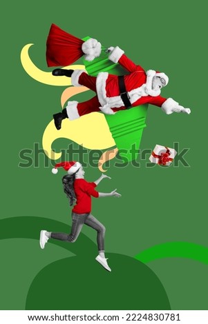 Creative photo 3d collage artwork poster postcard picture of flying santa claus presenting gifts little kid isolated on painting background