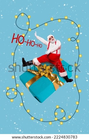 Vertical collage of overjoyed excited santa scream ho-ho-ho big giftbox illumination decoration isolated on drawing background