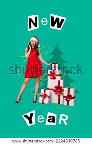 Vertical collage image of excited impressed girl wear red dress pile stack giftbox new year text isolated on creative background