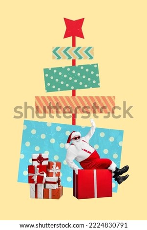 Creative photo 3d collage artwork poster postcard card of funny funky santa claus sit big present box isolated on painting background