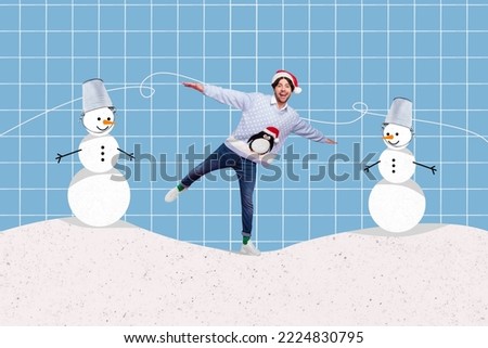 Collage picture of excited positive guy have fun make funky snowman christmastime tradition isolated on drawing background
